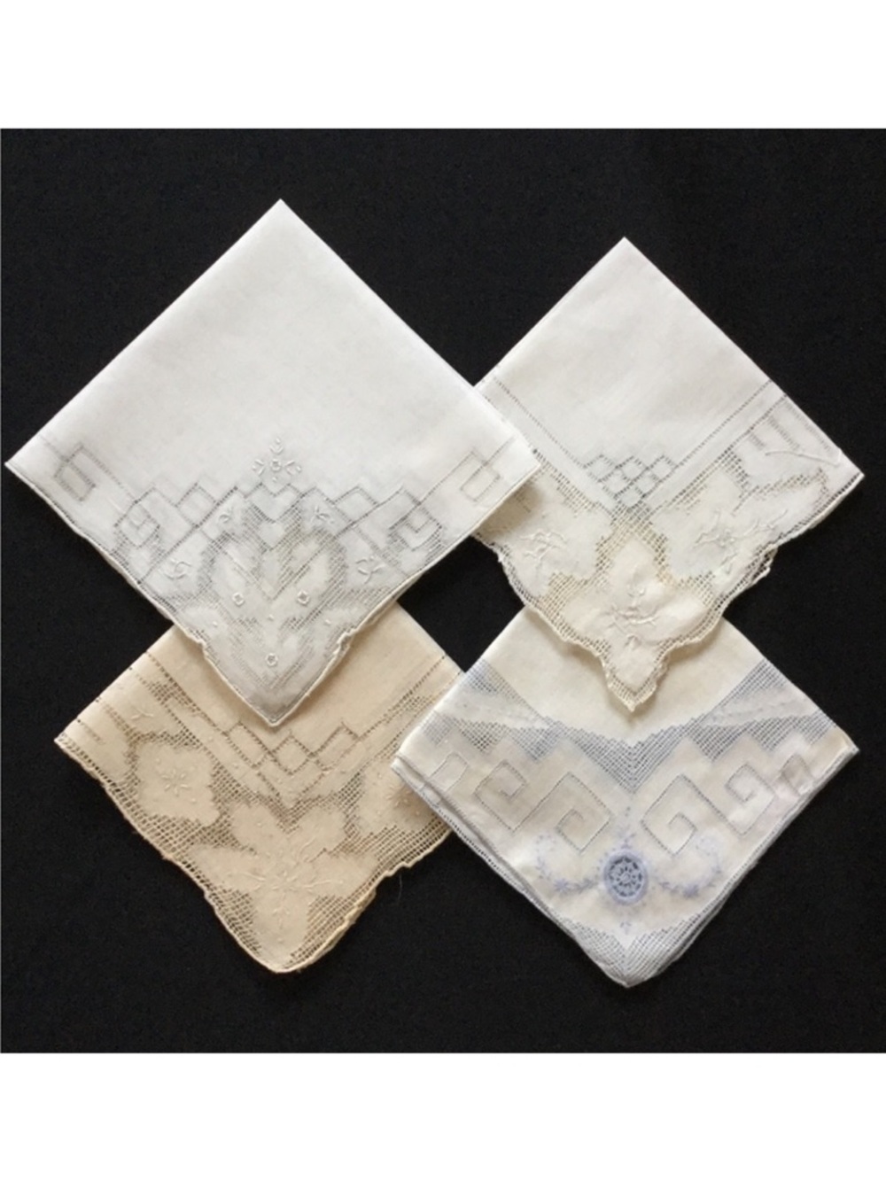 4 Vintage Handkerchiefs with Beautiful Drawnwork
